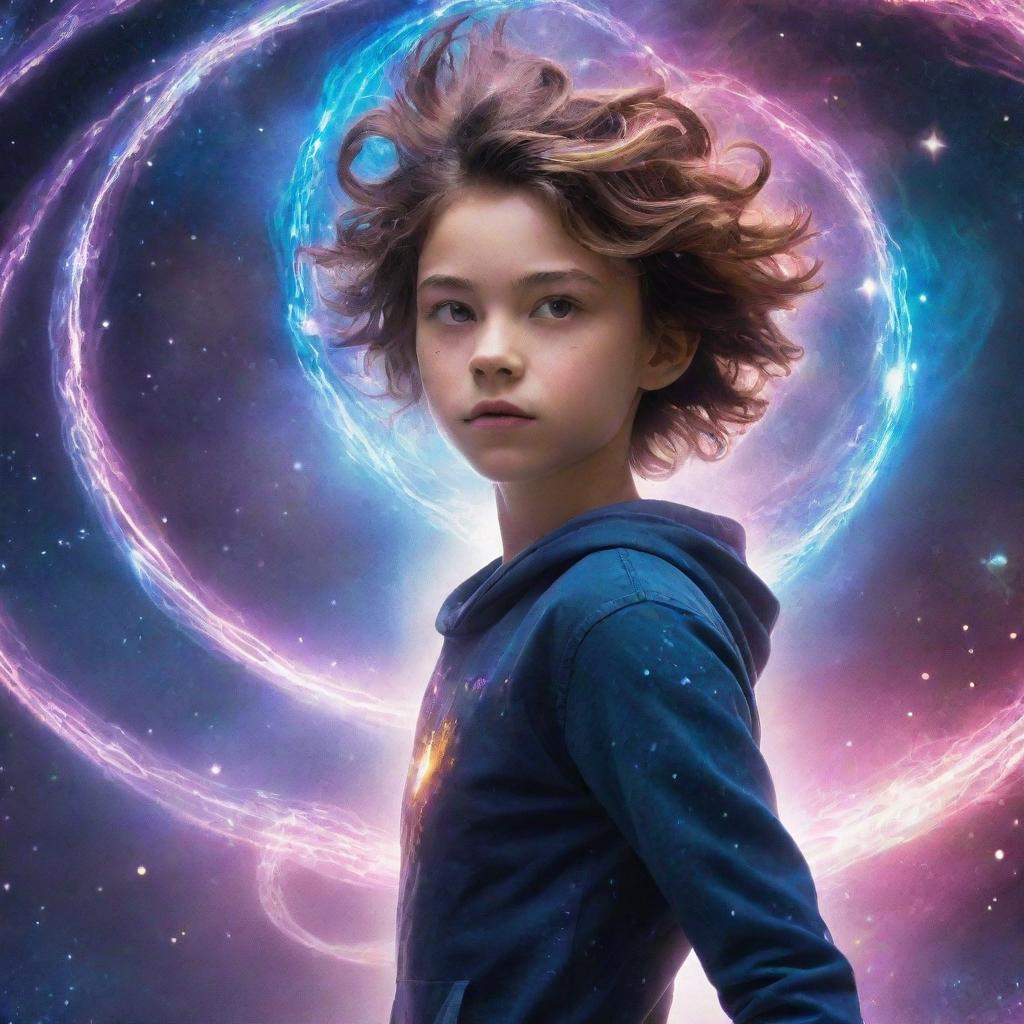 A brave teenager harnessing dazzling, swirling magical energies to defend against a menacing, otherworldly alien in a cosmic battle.