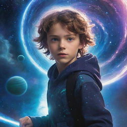 A brave teenager harnessing dazzling, swirling magical energies to defend against a menacing, otherworldly alien in a cosmic battle.