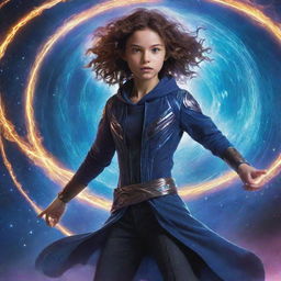 A brave teenager harnessing dazzling, swirling magical energies to defend against a menacing, otherworldly alien in a cosmic battle.