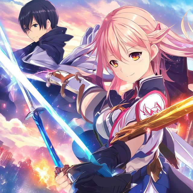 Create a fantasy-styled anime poster, inspired by the animation and theme of Sword Art Online, filled with magical elements, vibrant colors, and compelling character designs.