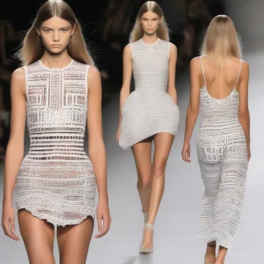 The model walked down the runway wearing a pedate dress that had intricate foot-shaped patterns on it.