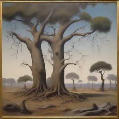 The painting showcased a surreal landscape with pedate trees that seemed to come to life with their foot-like branches and roots.