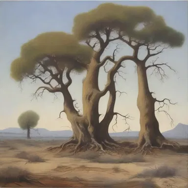 The painting showcased a surreal landscape with pedate trees that seemed to come to life with their foot-like branches and roots.