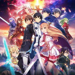 Create a fantasy-styled anime poster, inspired by the animation and theme of Sword Art Online, filled with magical elements, vibrant colors, and compelling character designs.