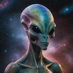 A detailed depiction of a unique and mesmerizing alien creature, with distinctive features and otherworldly colors, standing against a cosmic backdrop.