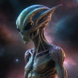 A detailed depiction of a unique and mesmerizing alien creature, with distinctive features and otherworldly colors, standing against a cosmic backdrop.