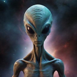 A detailed depiction of a unique and mesmerizing alien creature, with distinctive features and otherworldly colors, standing against a cosmic backdrop.