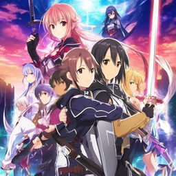 Create a fantasy-styled anime poster, inspired by the animation and theme of Sword Art Online, filled with magical elements, vibrant colors, and compelling character designs.