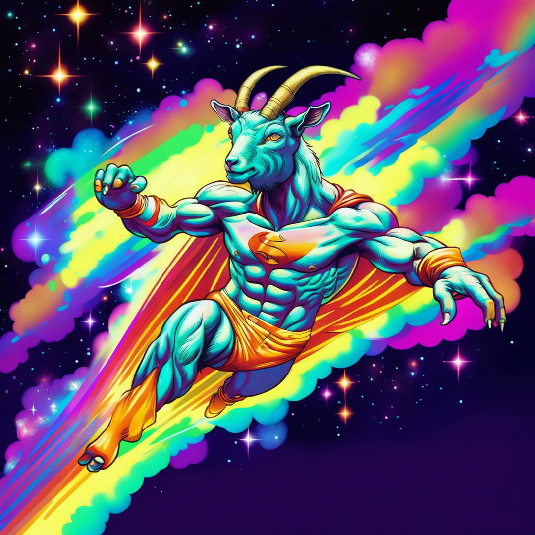 A muscular goat with iridescent horns and laser-beam eyes, wearing a cape, flying in a superman pose through the galaxy. A rainbow trails behind it.