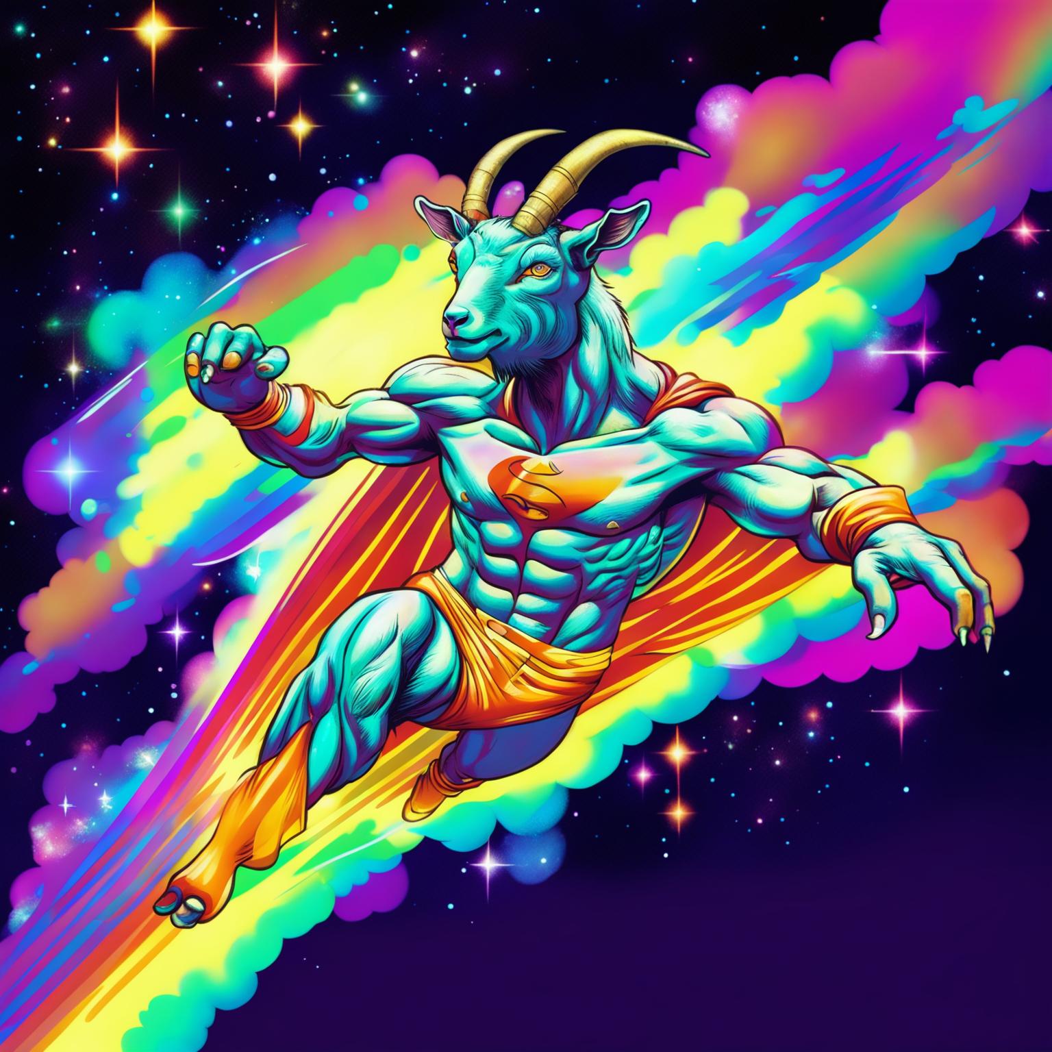 A muscular goat with iridescent horns and laser-beam eyes, wearing a cape, flying in a superman pose through the galaxy. A rainbow trails behind it.