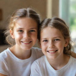 Portrait of a sibling relationship; Elizabeth, a cheerful and loving sister, together with her younger brother Eden, in a warm, sunlit home environment.