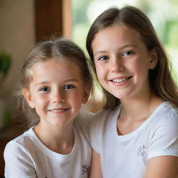 Portrait of a sibling relationship; Elizabeth, a cheerful and loving sister, together with her younger brother Eden, in a warm, sunlit home environment.