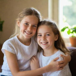 Portrait of a sibling relationship; Elizabeth, a cheerful and loving sister, together with her younger brother Eden, in a warm, sunlit home environment.