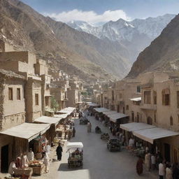 A bustling city in Afghanistan, with traditional architectural designs, winding streets, bustling markets, against the backdrop of sprawling mountains