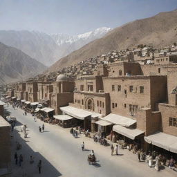 A bustling city in Afghanistan, with traditional architectural designs, winding streets, bustling markets, against the backdrop of sprawling mountains