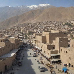 A bustling city in Afghanistan, with traditional architectural designs, winding streets, bustling markets, against the backdrop of sprawling mountains