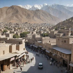 A bustling city in Afghanistan, with traditional architectural designs, winding streets, bustling markets, against the backdrop of sprawling mountains