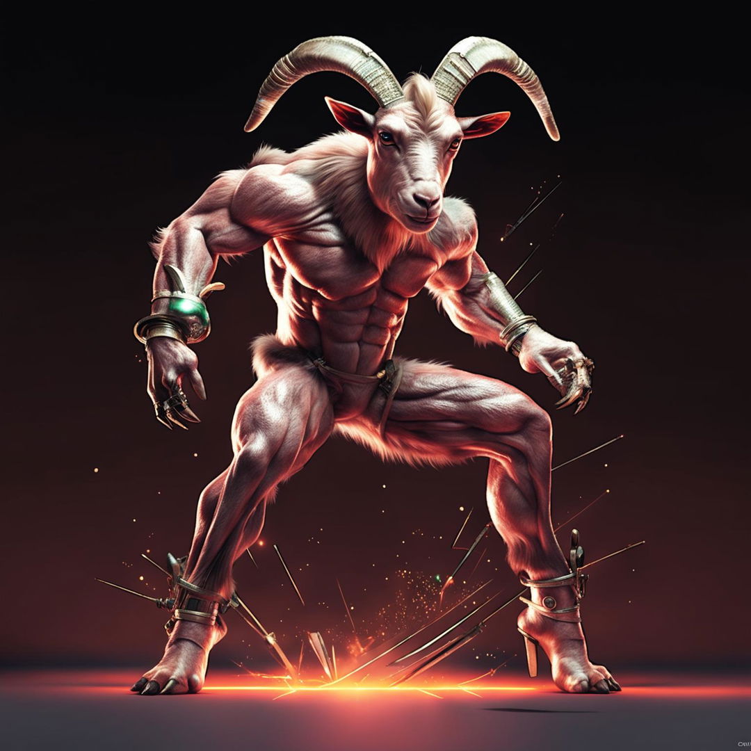 Modify the image of the muscular goat: now its eyes are shooting lasers and it's wearing high heels. Maintain a hyper-realistic style.