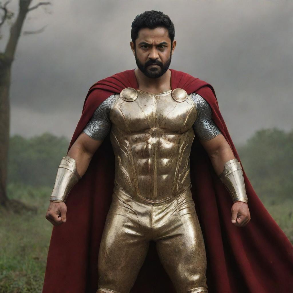 Indian actor, Junior NTR, in a Thor-inspired golden suit and cape, with a stern face marked by blood streaks. He brandishes Thor's hammer, surrounded by a battlefield in the forest, where a fierce lion accompanies him under a storm-lit sky.