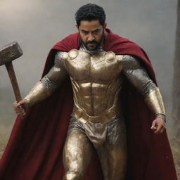 Indian actor, Junior NTR, in a Thor-inspired golden suit and cape, with a stern face marked by blood streaks. He brandishes Thor's hammer, surrounded by a battlefield in the forest, where a fierce lion accompanies him under a storm-lit sky.