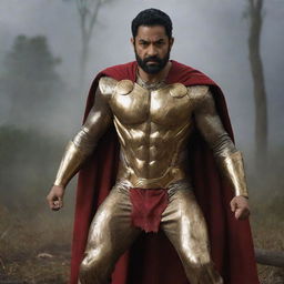 Indian actor, Junior NTR, in a Thor-inspired golden suit and cape, with a stern face marked by blood streaks. He brandishes Thor's hammer, surrounded by a battlefield in the forest, where a fierce lion accompanies him under a storm-lit sky.