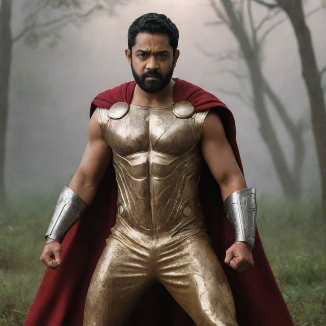 Indian actor, Junior NTR, in a Thor-inspired golden suit and cape, with a stern face marked by blood streaks. He brandishes Thor's hammer, surrounded by a battlefield in the forest, where a fierce lion accompanies him under a storm-lit sky.