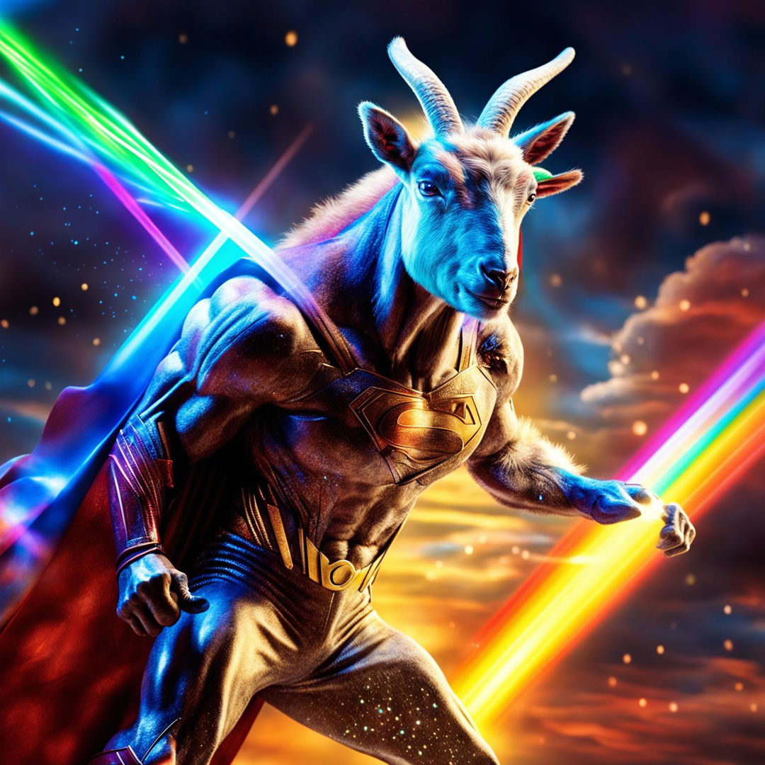 Redefine the image featuring a muscular goat: now the laser beams are shooting from its eyes while it's mimicking Superman's flight with an iridescent rainbow trail.