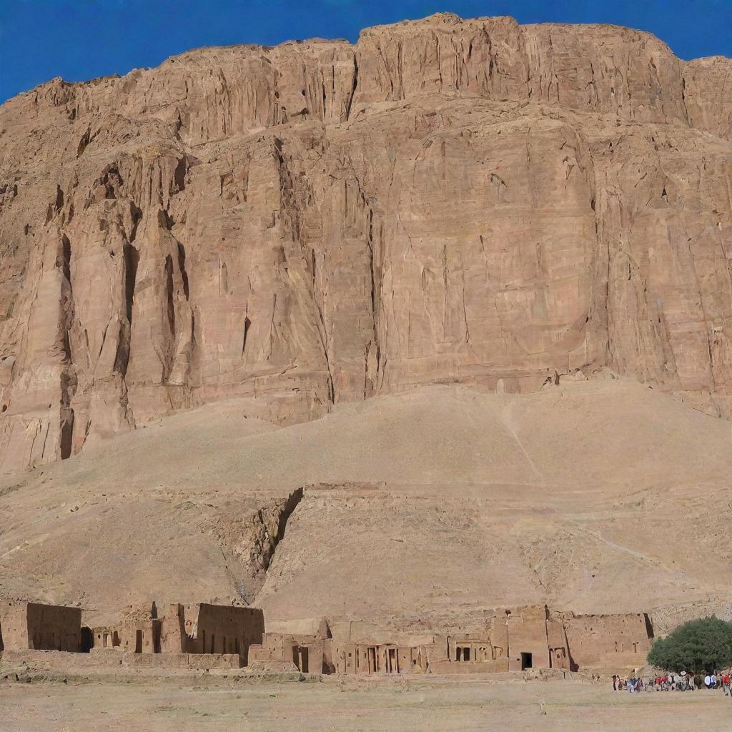 The historic site of Bamiyan, Afghanistan, showcasing the remnant of the Buddhas of Bamiyan, carved into the mountainside surrounded by rugged terrain and azure sky