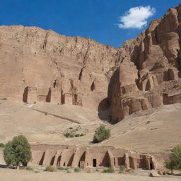 The historic site of Bamiyan, Afghanistan, showcasing the remnant of the Buddhas of Bamiyan, carved into the mountainside surrounded by rugged terrain and azure sky