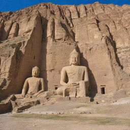 The historic site of Bamiyan, Afghanistan, showcasing the remnant of the Buddhas of Bamiyan, carved into the mountainside surrounded by rugged terrain and azure sky