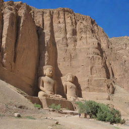 The historic site of Bamiyan, Afghanistan, showcasing the remnant of the Buddhas of Bamiyan, carved into the mountainside surrounded by rugged terrain and azure sky