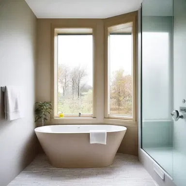 The modern bathroom had frosted windows for privacy and to let in natural light.