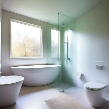 The modern bathroom had frosted windows for privacy and to let in natural light.