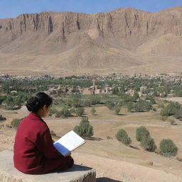 A Hazara girl engrossed in her studies in foreground with the historic Bamiyan Buddha site of Afghanistan in the background demonstrating a contrast between past and present