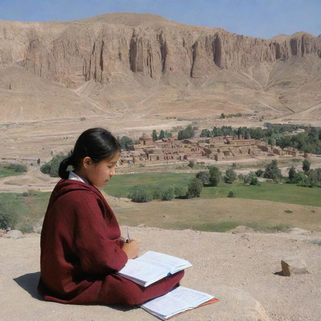 A Hazara girl engrossed in her studies in foreground with the historic Bamiyan Buddha site of Afghanistan in the background demonstrating a contrast between past and present