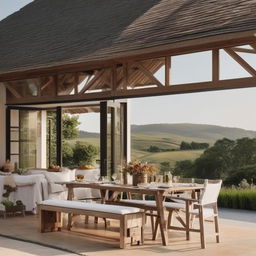 A minimalist alfresco dining setup at a quaint country home, stunningly placed against a lush, rolling hills backdrop. The composition emphasizes the elegance of simplicity in the decor and the captivating beauty of rural architecture.