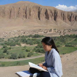 A Hazara girl engrossed in her studies in foreground with the historic Bamiyan Buddha site of Afghanistan in the background demonstrating a contrast between past and present