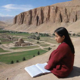 A Hazara girl engrossed in her studies in foreground with the historic Bamiyan Buddha site of Afghanistan in the background demonstrating a contrast between past and present