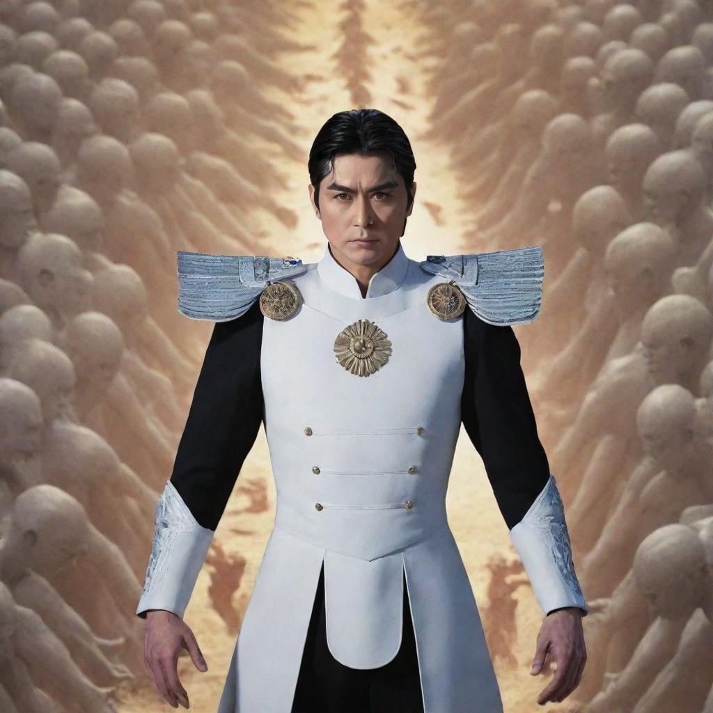 Generate an image of a strong, fit, handsome general named Ryuga with black hair and eyes, pale skin, standing in a commanding position, surrounded by an army of spectral figures that represent the beings he has defeated.