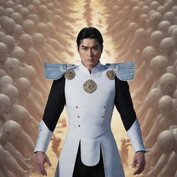 Generate an image of a strong, fit, handsome general named Ryuga with black hair and eyes, pale skin, standing in a commanding position, surrounded by an army of spectral figures that represent the beings he has defeated.