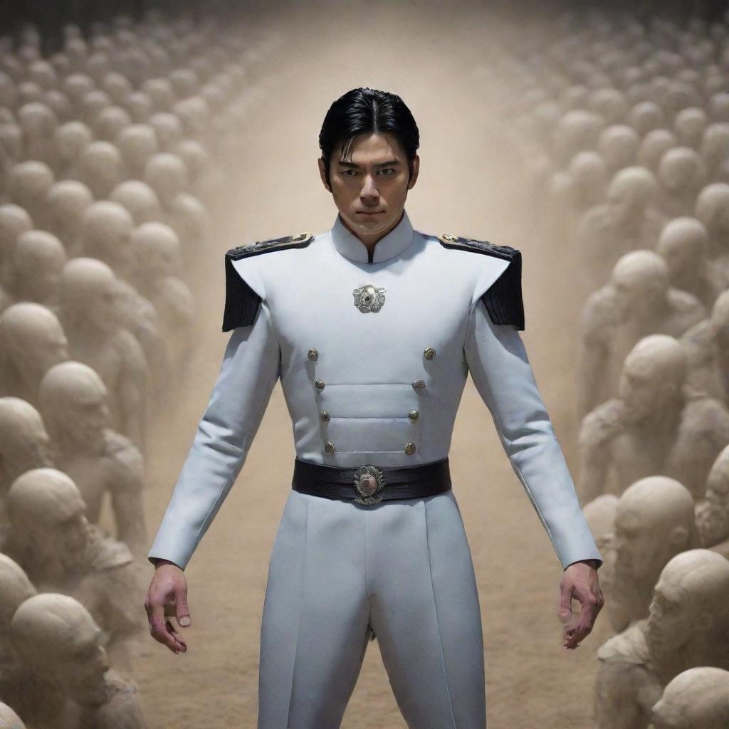 Generate an image of a strong, fit, handsome general named Ryuga with black hair and eyes, pale skin, standing in a commanding position, surrounded by an army of spectral figures that represent the beings he has defeated.