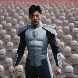 Generate an image of a strong, fit, handsome general named Ryuga with black hair and eyes, pale skin, standing in a commanding position, surrounded by an army of spectral figures that represent the beings he has defeated.