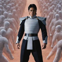 Generate an image of a strong, fit, handsome general named Ryuga with black hair and eyes, pale skin, standing in a commanding position, surrounded by an army of spectral figures that represent the beings he has defeated.