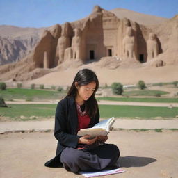 A Hazara girl engrossed in her studies sits in front of the historic Bamiyan Buddha site, Afghanistan, creating a vibrant blend of cultural heritage and youthful aspiration.