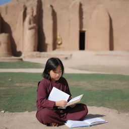 A Hazara girl engrossed in her studies sits in front of the historic Bamiyan Buddha site, Afghanistan, creating a vibrant blend of cultural heritage and youthful aspiration.