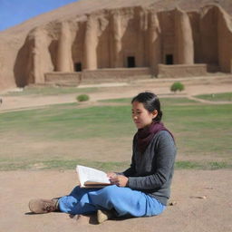 A Hazara girl engrossed in her studies sits in front of the historic Bamiyan Buddha site, Afghanistan, creating a vibrant blend of cultural heritage and youthful aspiration.