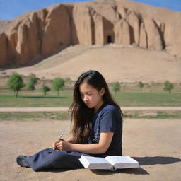 A Hazara girl engrossed in her studies sits in front of the historic Bamiyan Buddha site, Afghanistan, creating a vibrant blend of cultural heritage and youthful aspiration.