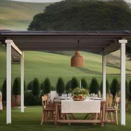 A minimalist alfresco dining setup at a quaint country home, stunningly placed against a lush, rolling hills backdrop. The composition emphasizes the elegance of simplicity in the decor and the captivating beauty of rural architecture.