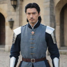 Generate an image of Ryuga, a strong, fit, handsome non-Japanese general with black hair and eyes along with a pale skin. He stands in a medieval European setting, dressed in attire suited to that period of time.