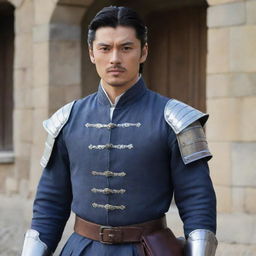 Generate an image of Ryuga, a strong, fit, handsome non-Japanese general with black hair and eyes along with a pale skin. He stands in a medieval European setting, dressed in attire suited to that period of time.